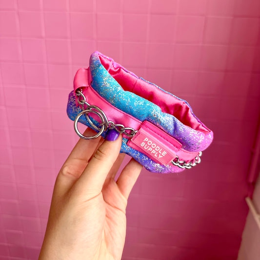Fluffy Chain Collar Pink/Blue Glossy Rainbow with Baby Pink