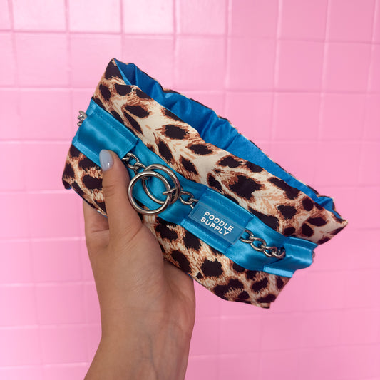 Fluffy Chain Collar Leopard with Blue Full Satin