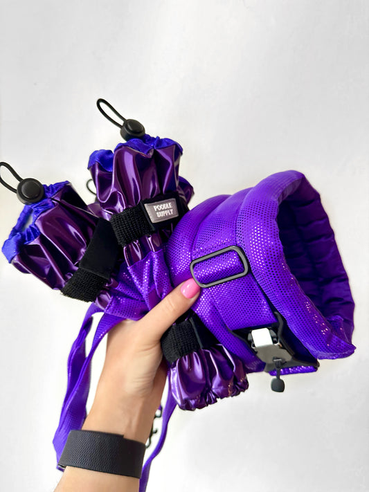 Collar + Leg Protectors Set: Standard Fluffy Magnetic Collar & Set of 4 Leg Protectors All Purple