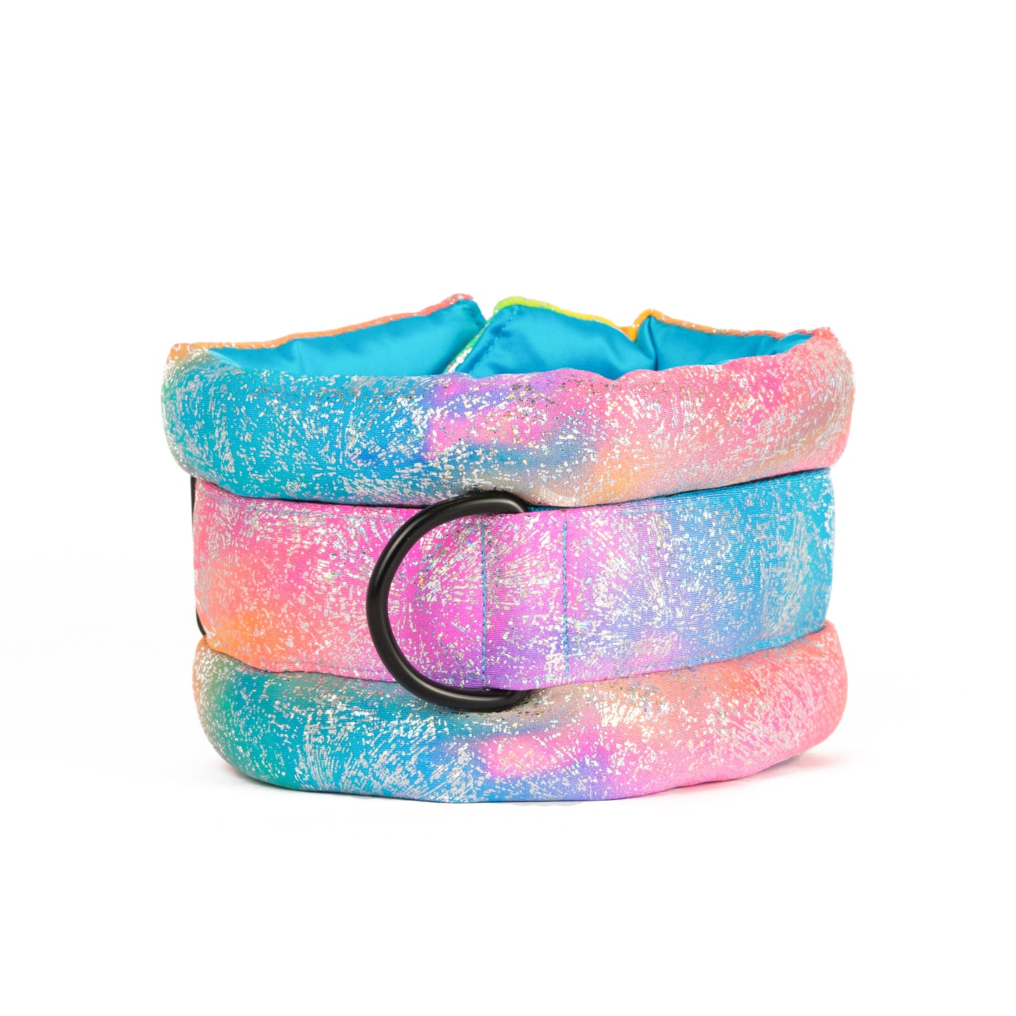 Standard Fluffy Magnetic Collar Glossy Rainbow with Baby Blue