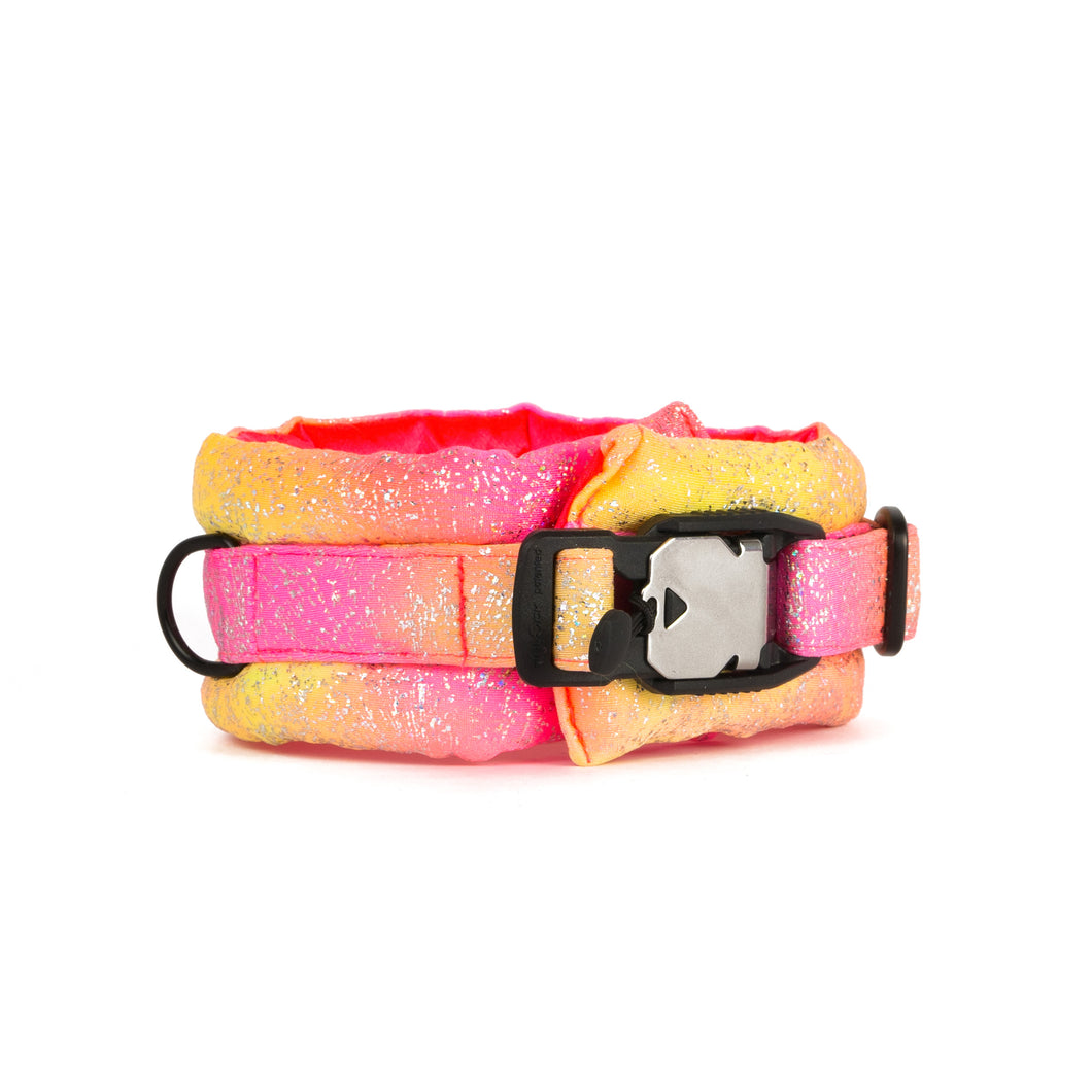 Medium Poodle Supply Fluffy Magnetic Collar Pink/Yellow Glossy Rainbow with Neon Pink