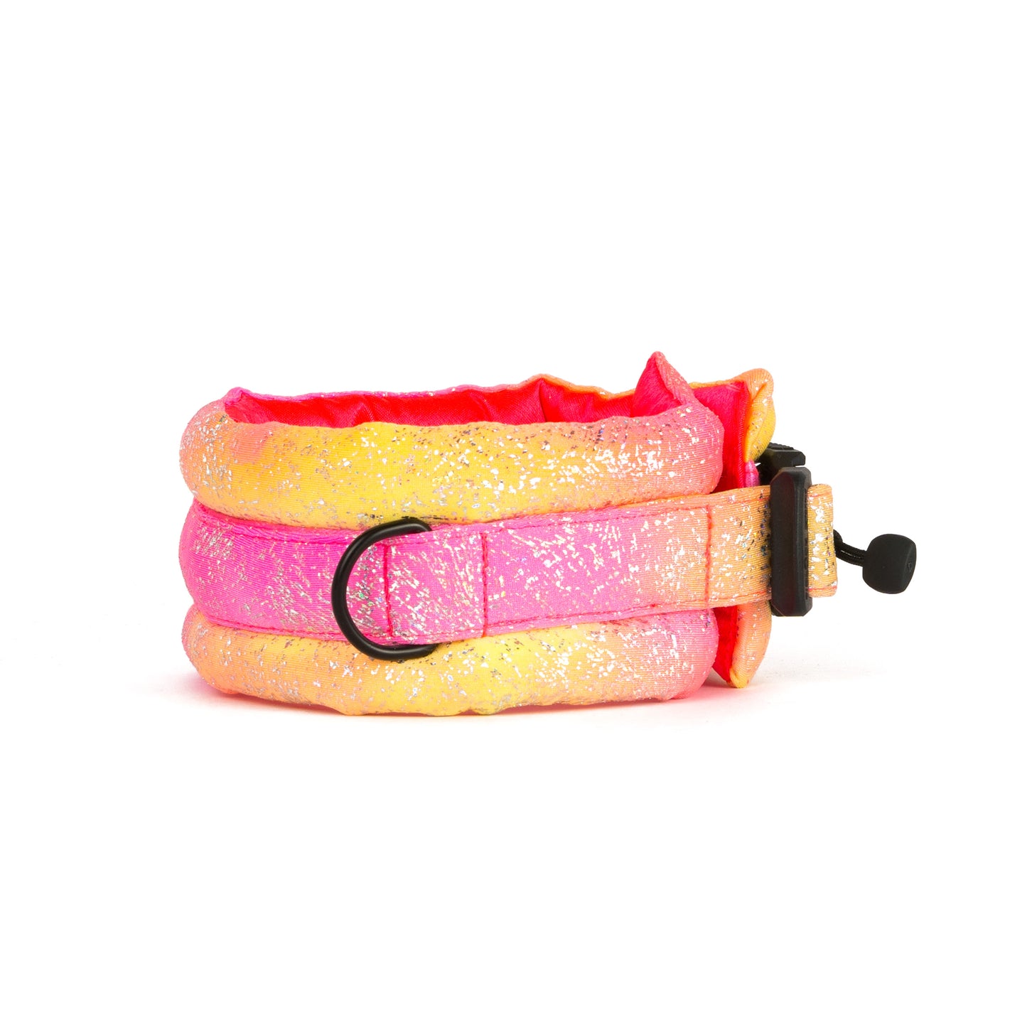 Medium Poodle Supply Fluffy Magnetic Collar Pink/Yellow Glossy Rainbow with Neon Pink